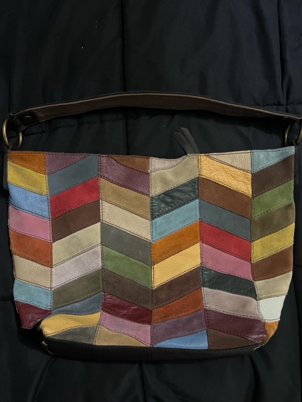 Lucky Brand Y2K Suede Shoulder Bag - Chevron Patchwork